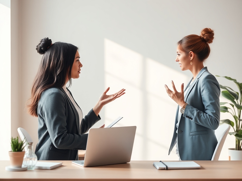 "A serene, stylish workspace scene showing two empowered women