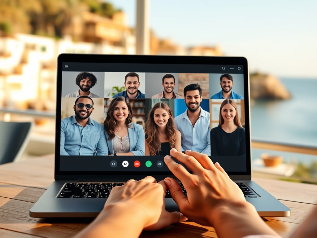 “a calm video-call scene on a laptop showing diverse entrepreneurs, warm coastal Spain backdrop, subtle stress-to-balance transformation, hands relaxing, welcoming online meetup vibe, bright hopeful colors”
