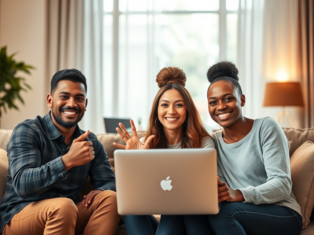 A warm modern living room, three diverse entrepreneurs seated around a laptop, subtle upward light beams symbolizing growth, natural confident smiles, close-up hand gestures, soft blurred background, high contrast, cinematic lighting. " " "You MUST not in
