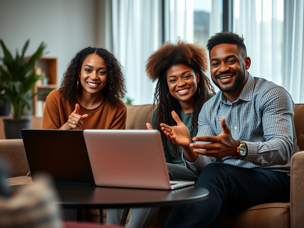 A warm modern living room, three diverse entrepreneurs seated around a laptop, subtle upward light beams symbolizing growth, natural confident smiles, close-up hand gestures, soft blurred background, high contrast, cinematic lighting. " " "You MUST not in