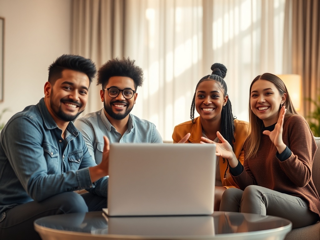 A warm modern living room, three diverse entrepreneurs seated around a laptop, subtle upward light beams symbolizing growth, natural confident smiles, close-up hand gestures, soft blurred background, high contrast, cinematic lighting. " " "You MUST not in
