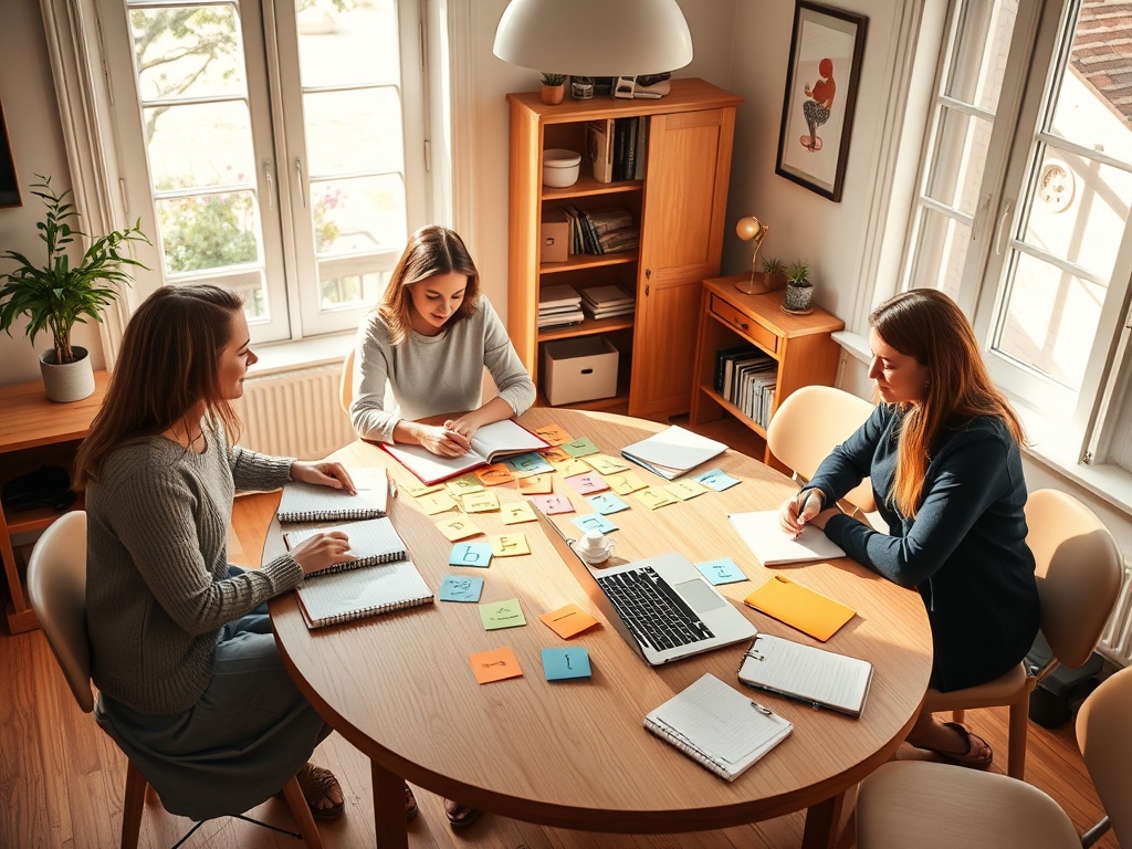 A cozy bright studio, four women at a circle table with notebooks, sticky notes, laptop open, colorful cards labeled by icons, warm morning light, calm focus.