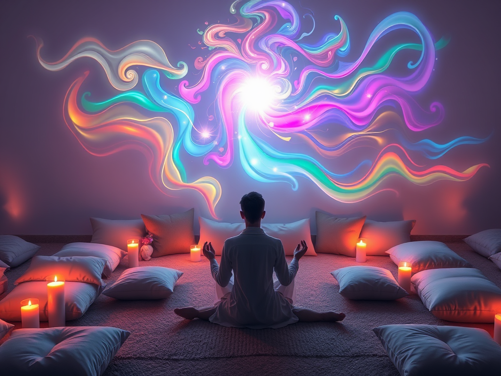 Een serene meditatieruimte met kussens en kaarsen.