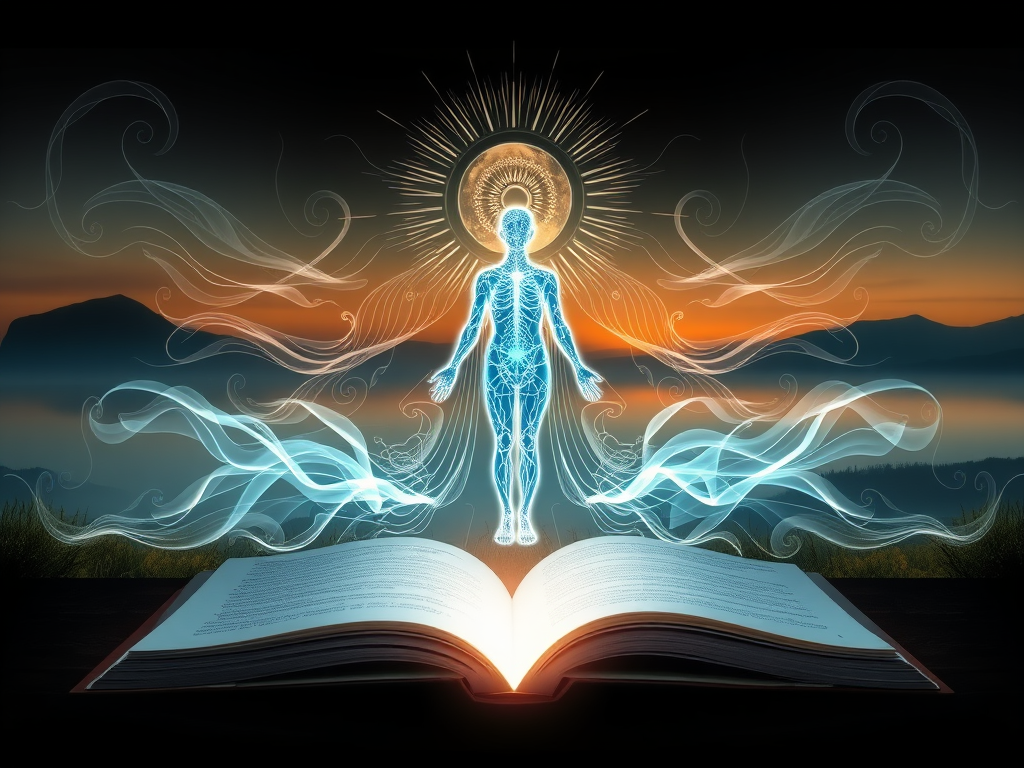 "a glowing ethereal blueprint" "radiant human silhouette surrounded by flowing energy patterns" "serene natural landscape with balanced elements" "an open book with light emanating from its pages" "calm, introspective atmosphere with soft, warm colors"