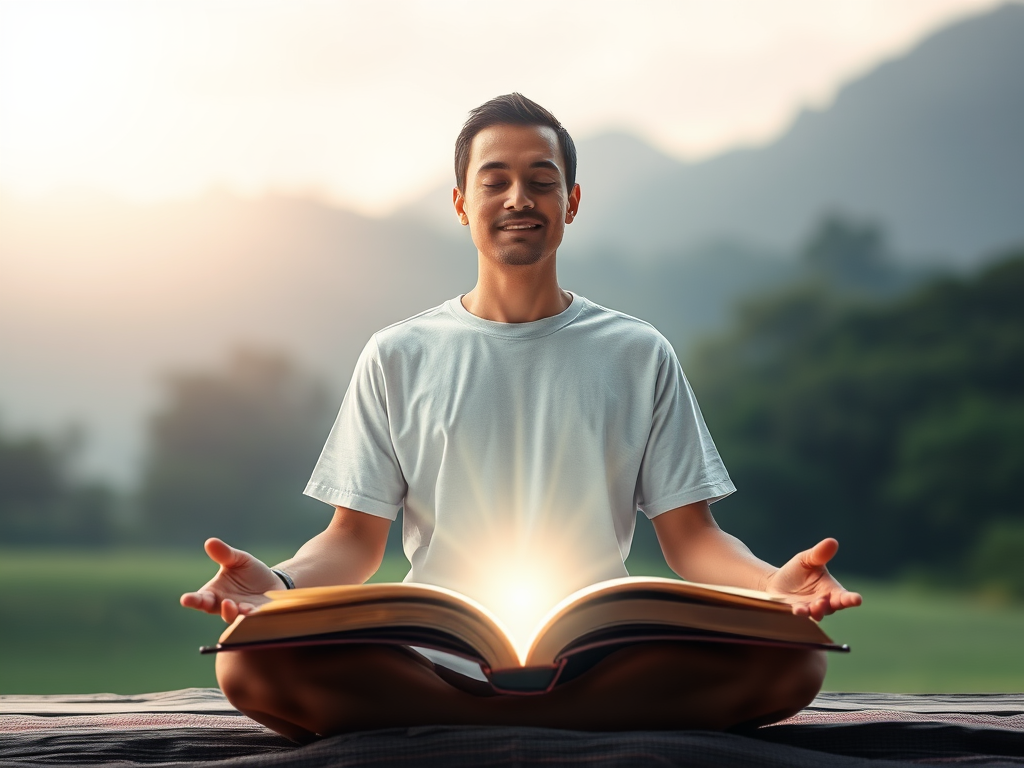"calm person meditating" "soft glowing light around" "open book with ethereal pages" "gentle nature background" "symbols of growth and balance" "serene expression"