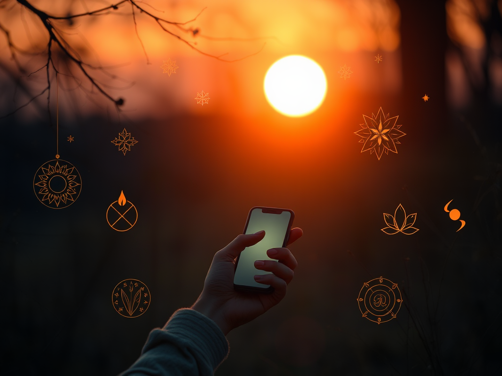 A serene scene with "a calm person receiving a glowing message on their phone" surrounded by "soft warm light," "gentle spiritual symbols," and "peaceful nature elements at dusk."