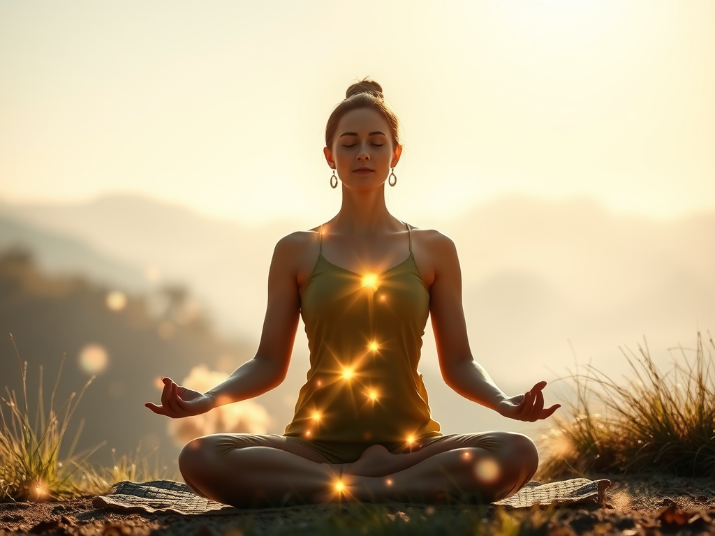"a serene spiritual guide" "glowing energy lines flowing through a meditating person" "calm nature background with soft light" "breath-focused yoga poses in harmony" "ethereal healing light surrounding the scene"