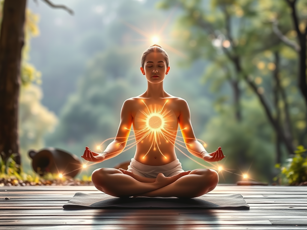 "a serene spiritual guide" "glowing energy lines flowing through a meditating person" "calm nature background with soft light" "breath-focused yoga poses in harmony" "ethereal healing light surrounding the scene"