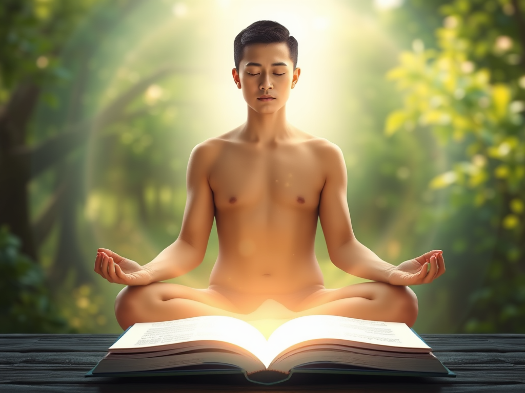 "calm person meditating" "soft glowing light around" "open book with ethereal pages" "gentle nature background" "symbols of growth and balance" "serene expression"