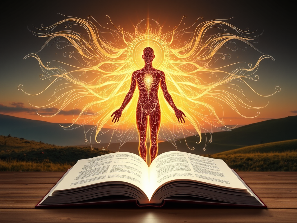 "a glowing ethereal blueprint" "radiant human silhouette surrounded by flowing energy patterns" "serene natural landscape with balanced elements" "an open book with light emanating from its pages" "calm, introspective atmosphere with soft, warm colors"