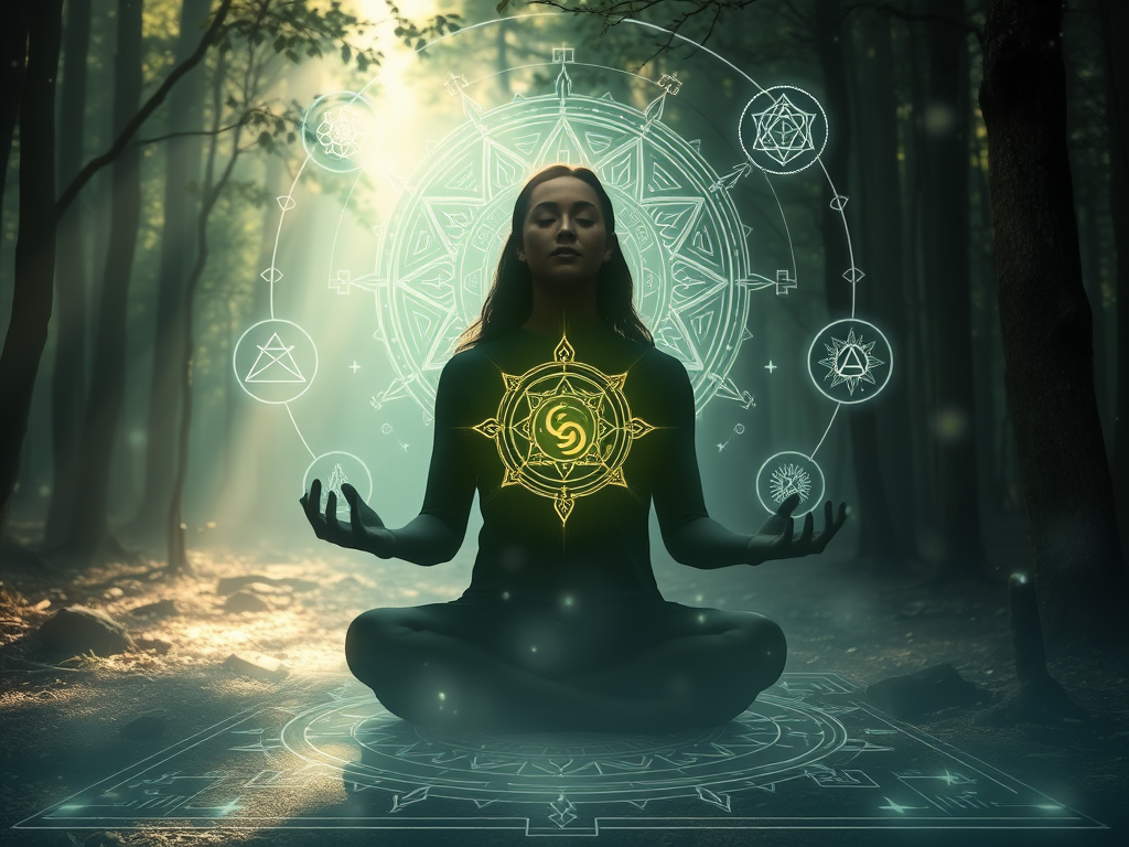"a serene spiritual seeker meditating" surrounded by "glowing ethereal blueprints" and "ancient symbols floating" amidst a "calm, mystical forest" under "soft, radiant light."