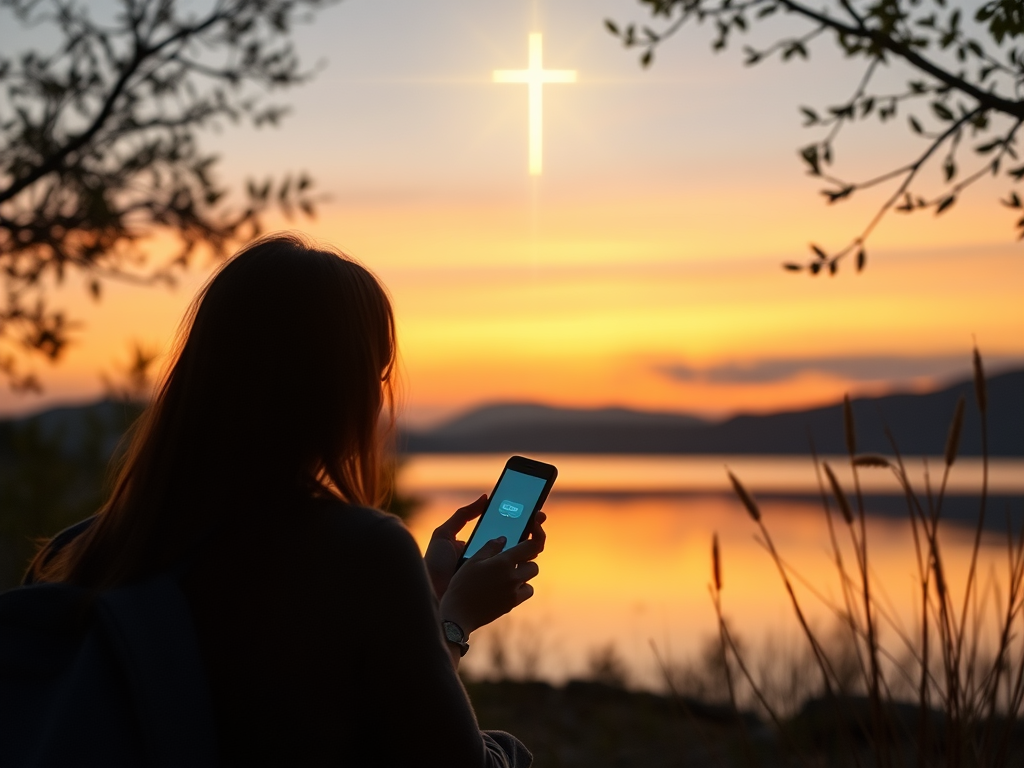 A serene scene with "a calm person receiving a glowing message on their phone" surrounded by "soft warm light," "gentle spiritual symbols," and "peaceful nature elements at dusk."