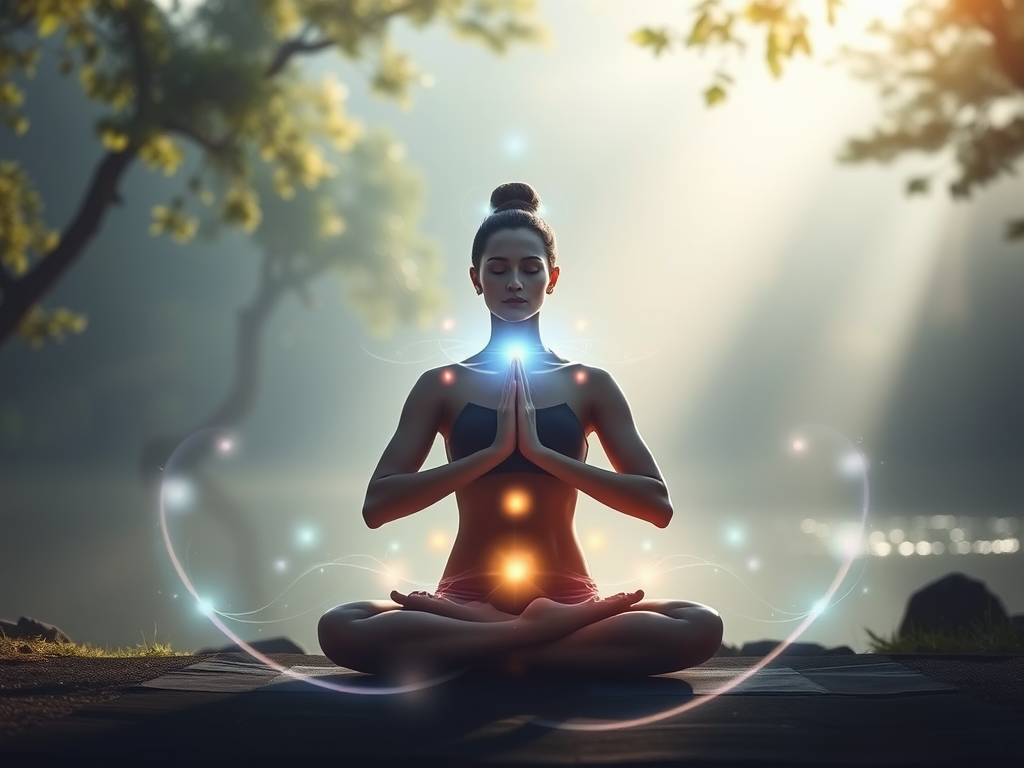 "a serene spiritual guide" "glowing energy lines flowing through a meditating person" "calm nature background with soft light" "breath-focused yoga poses in harmony" "ethereal healing light surrounding the scene"
