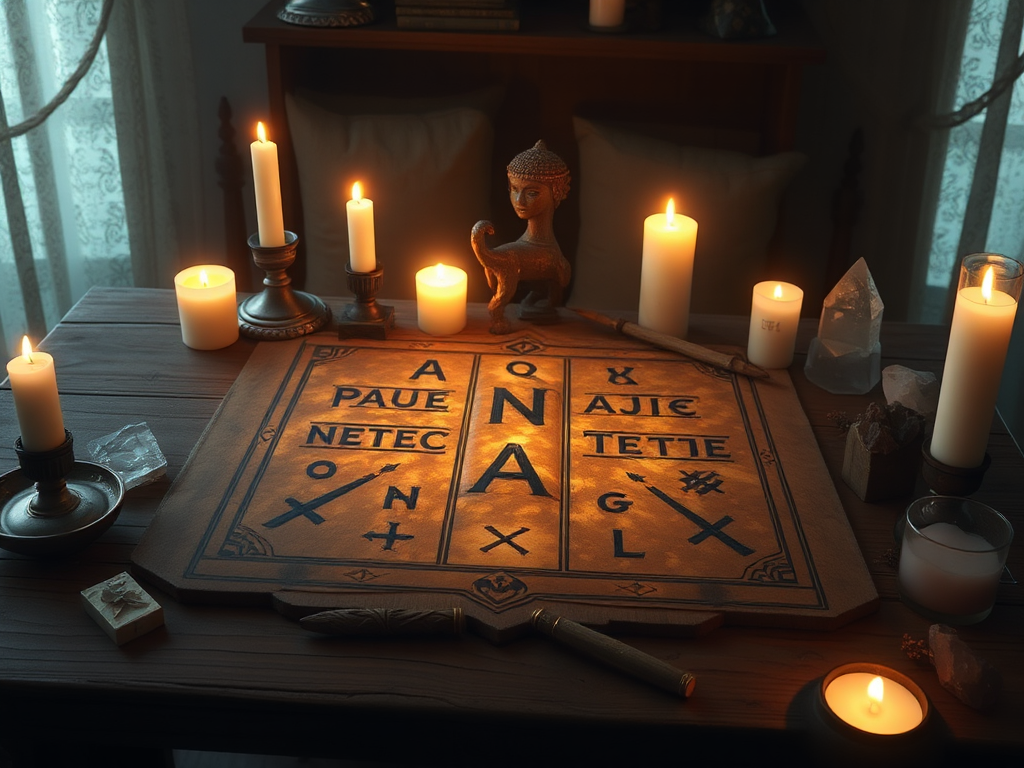 Een mysterieuze tafel met gloeiende runen, kaarsen en kristallen.