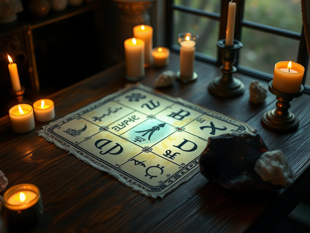 Mystieke scène met gloeiende runen op een houten tafel.