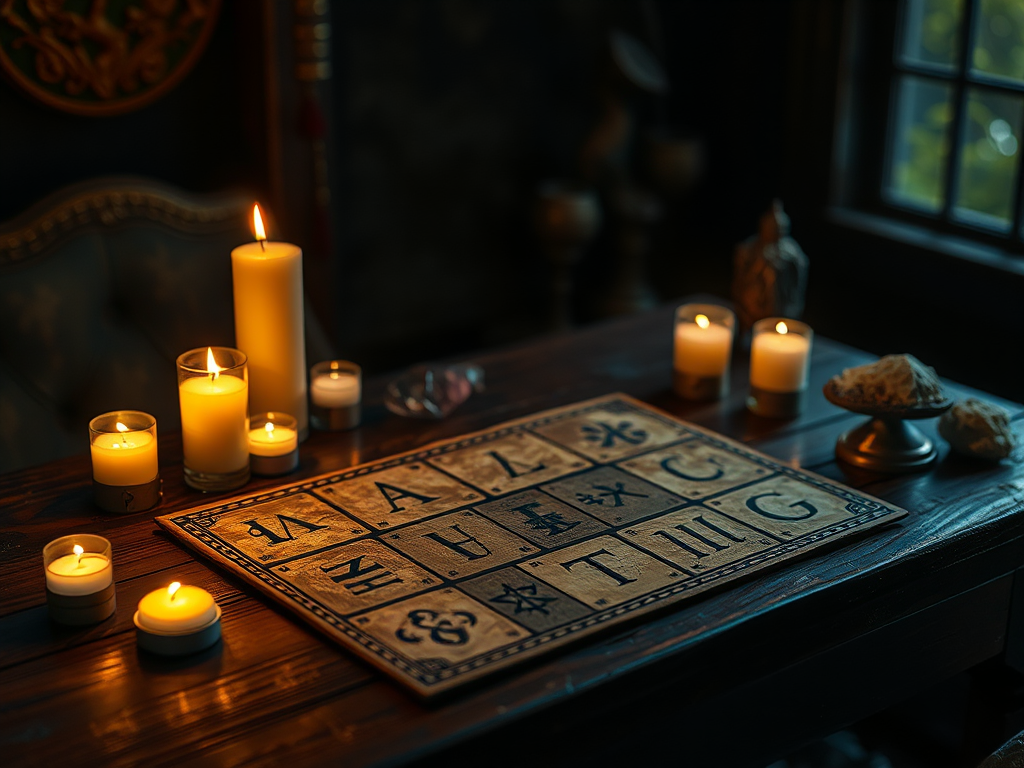 Een mystieke tafel met gloeiende runen, kaarsen en kristallen.