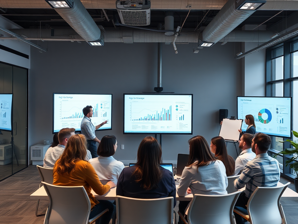 Een diverse groep professionals in een moderne kantooromgeving tijdens training.