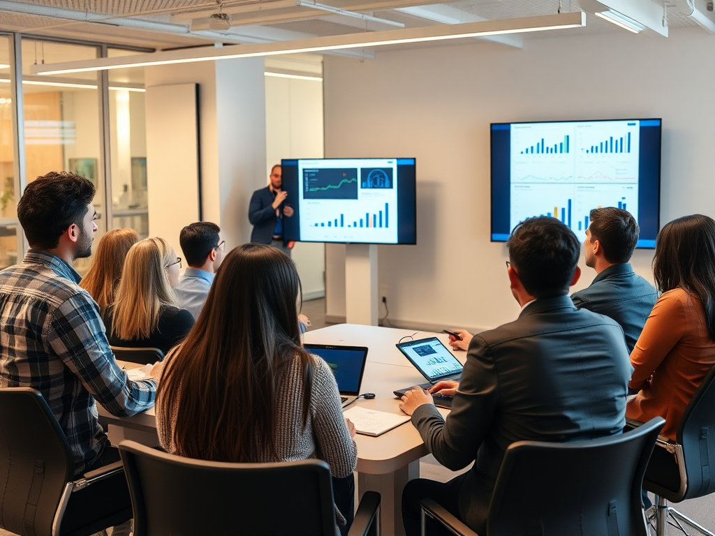 Een diverse groep professionals in een moderne kantoorruimte tijdens een training.