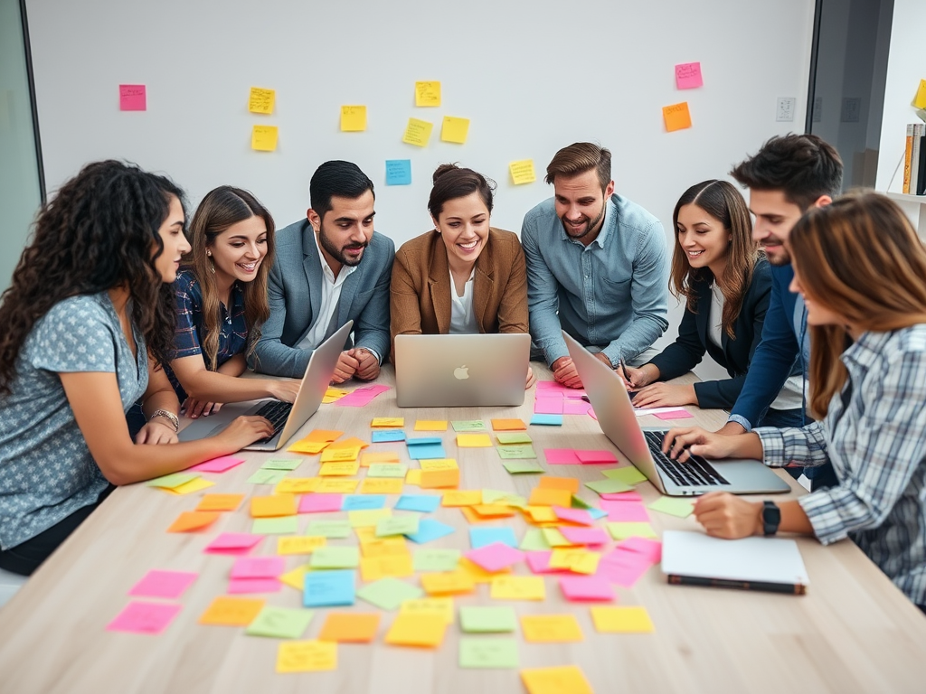 Een divers team brainstormt rond een tafel vol post-its.