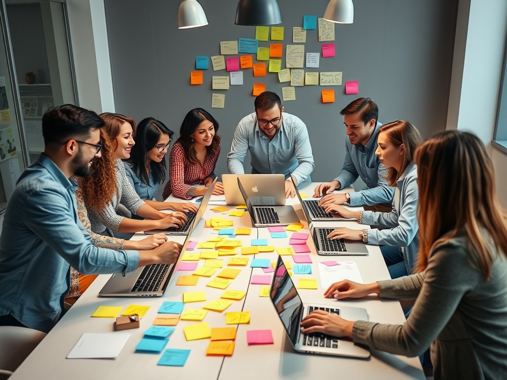 Diverse team brainstormt met laptops en post-it notities.