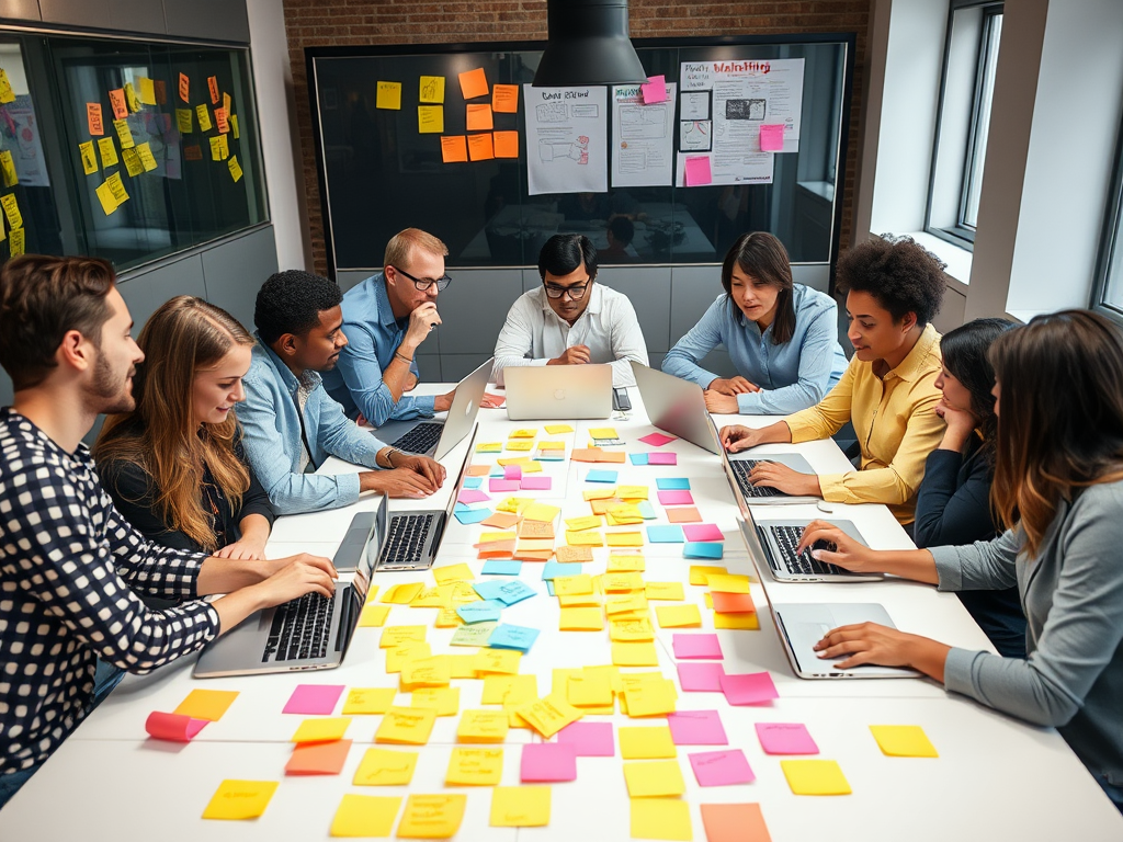 Een divers team brainstormt rond een tafel vol post-its.