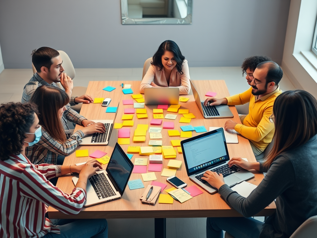 Een divers team brainstormt rond een tafel vol post-its.
