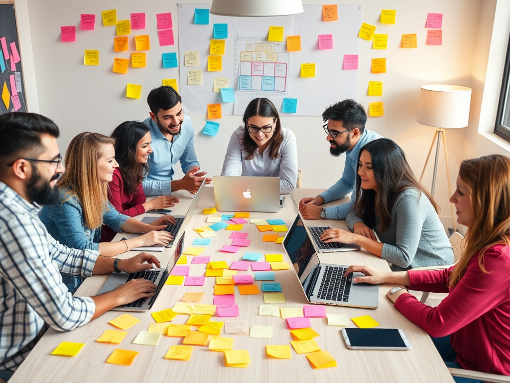 Een diverse groep mensen brainstormt aan een tafel vol post-its.