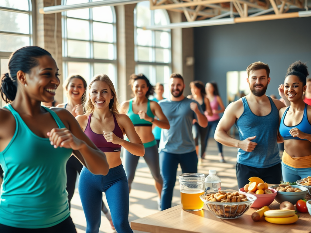 Een levendige groepsfitnessles in een zonnige sportschool.