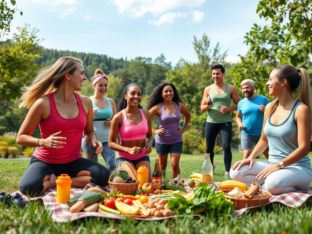 Een diverse groep mensen geniet van fitnessactiviteiten buiten.