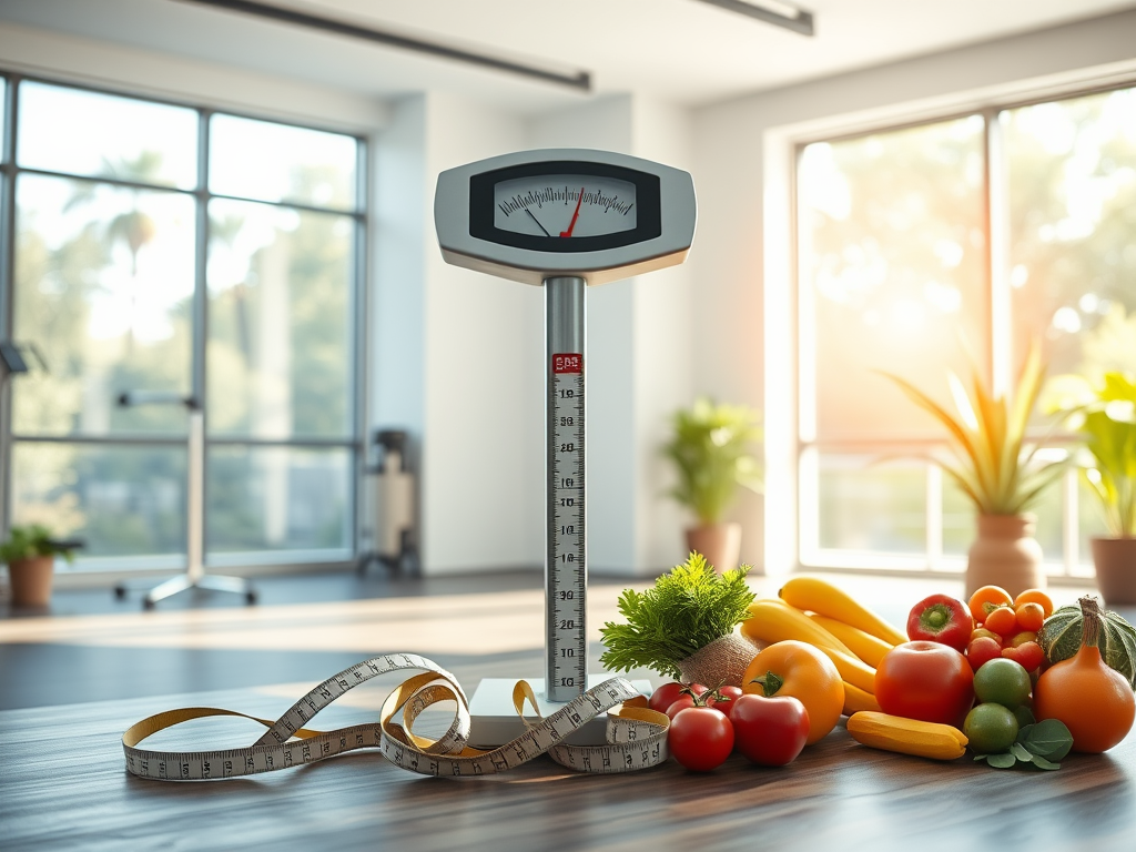 Een rustige fitnessstudio met een weegschaal en groenten.