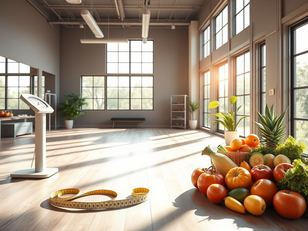 Een serene fitnessstudio met een weegschaal en gezonde voeding.
