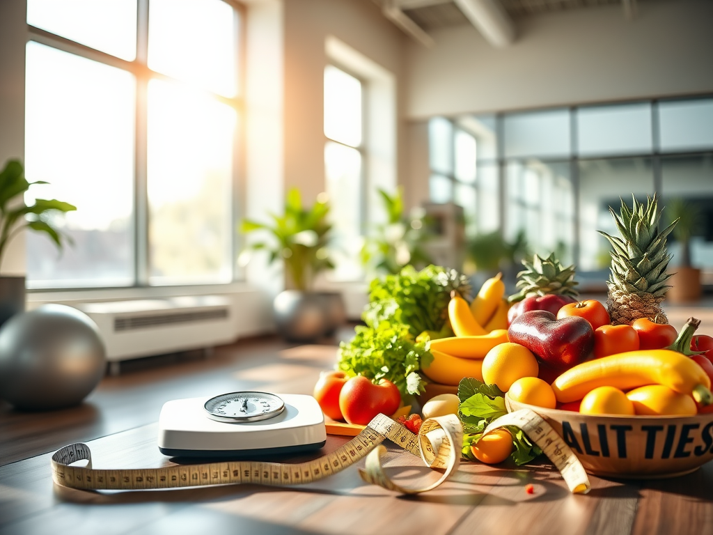 Een rustige fitnessstudio met gezonde voeding en een weegschaal.