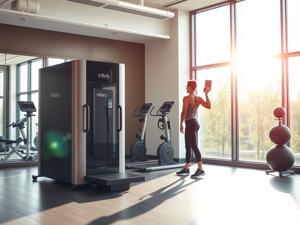 Een moderne fitnessstudio met InBody machine en zonlicht.