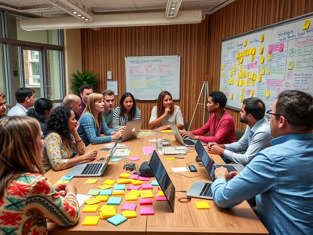 Een levendige workshop met diverse deelnemers en kleurrijke notities.