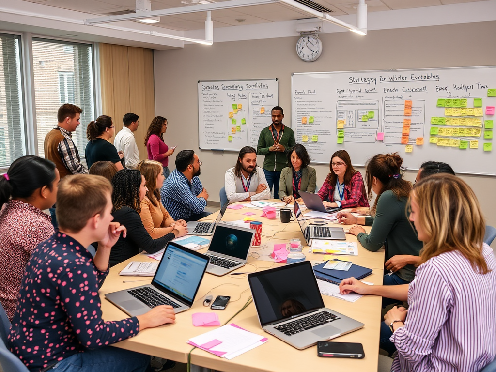 Een levendige workshop met diverse deelnemers en laptops.