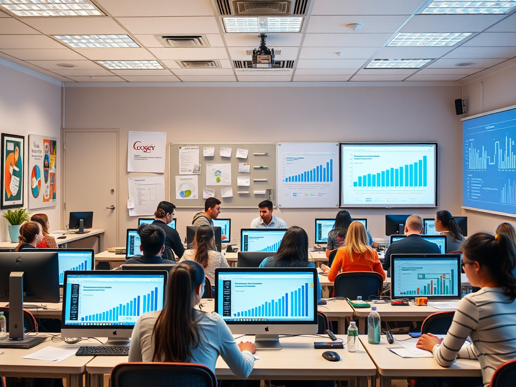 Een klaslokaal met diverse studenten die leren over SEO.