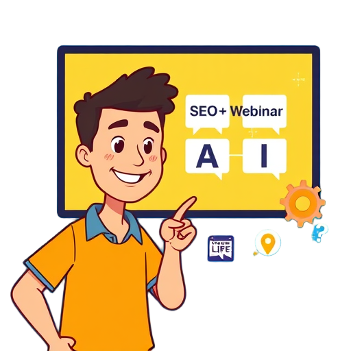 Illustratie van een persoon die wijst naar een scherm met "SEO", "Webinar" en "AI".