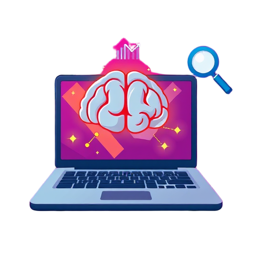 Laptop met een brein en zoek- of analysetools.
