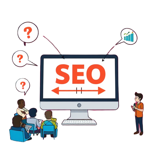 Illustratie van een computer met "SEO" en vragen, groei-iconen.