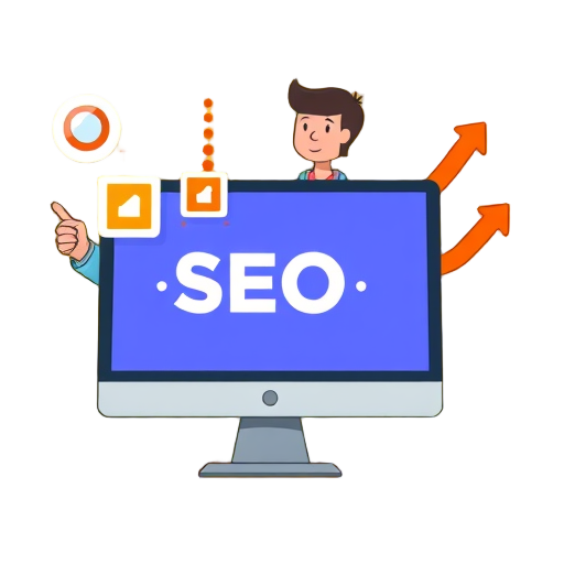 Illustratie van een computer met "SEO" en stijgende grafieken, persoon wijst enthousiast.
