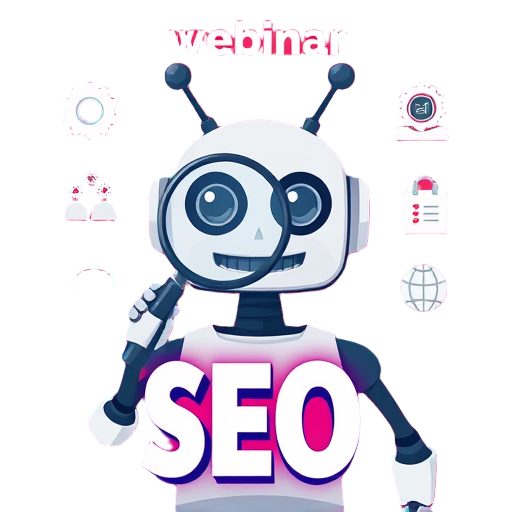 Een vriendelijke robot met antennes en een vergrootglas, promotie voor webinar over SEO.