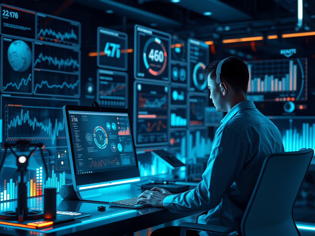Persoon werkt met AI-tools in een futuristisch, digitaal kantoor.