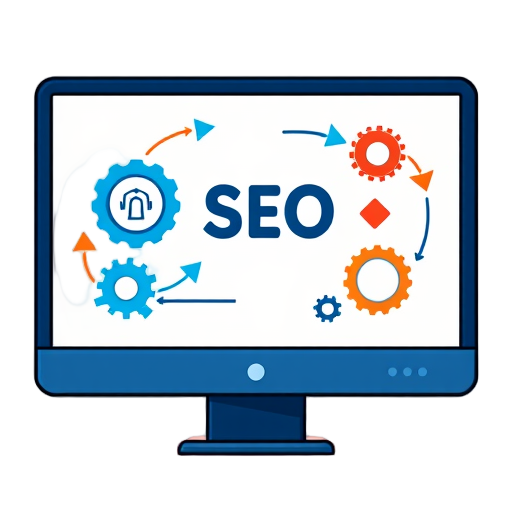 Scherm met SEO-gerelateerde iconen en verbindende pijlen en gears