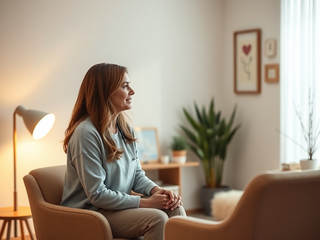 "A warm, inviting consult room scene with a calm woman healthcare coach speaking to a listener, soft lighting, serene colors, and subtle healthcare icons in the background."