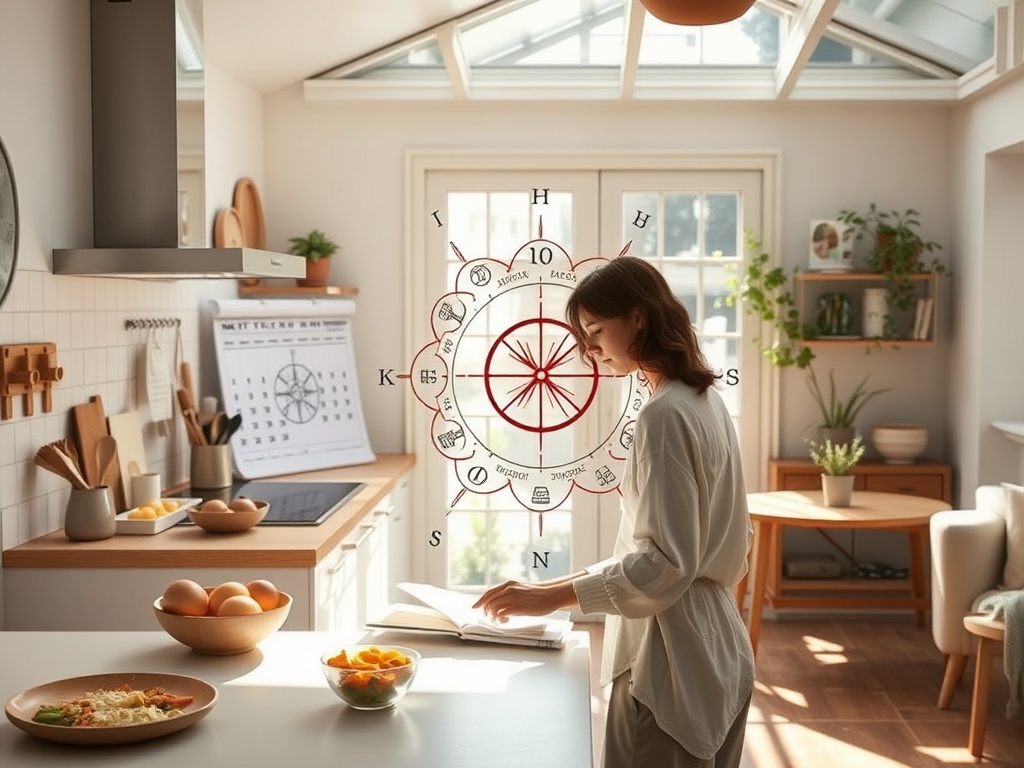 A serene, sunlit kitchen and living space showing a woman planning meals with a cycle calendar, subtle Human Design symbols, and a soft motion of yoga poses nearby.