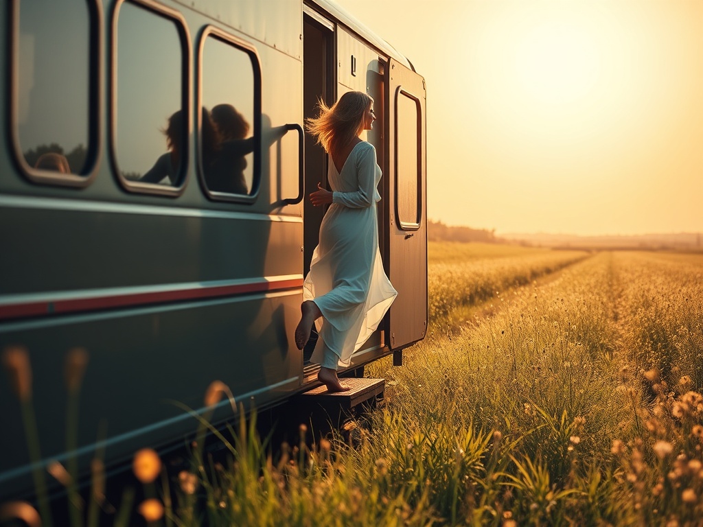 "A serene woman gracefully stepping off a moving train into a sunlit meadow, balancing energy and calm, surrounded by cyclical glyphs and soft, flowing lines."