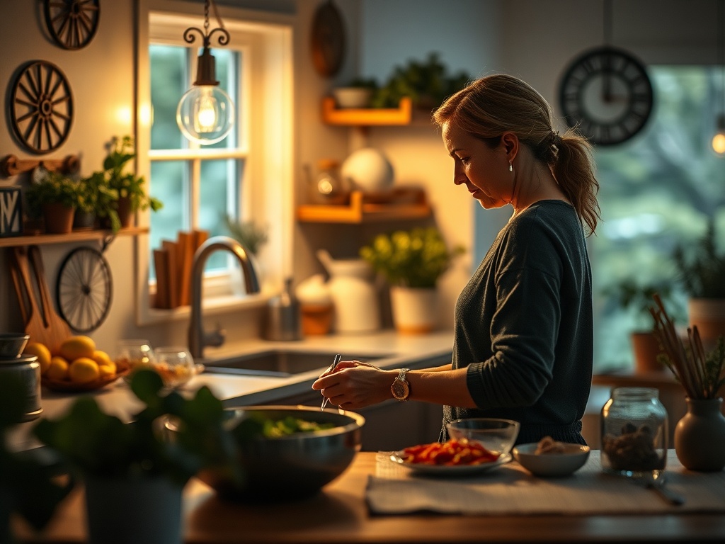 "A warm, intimate scene of a woman planning meals at a cozy kitchen, cycle-themed decor and soft lighting, elements of Human Design symbols subtly integrated, and a blurred background suggesting movement and balance."