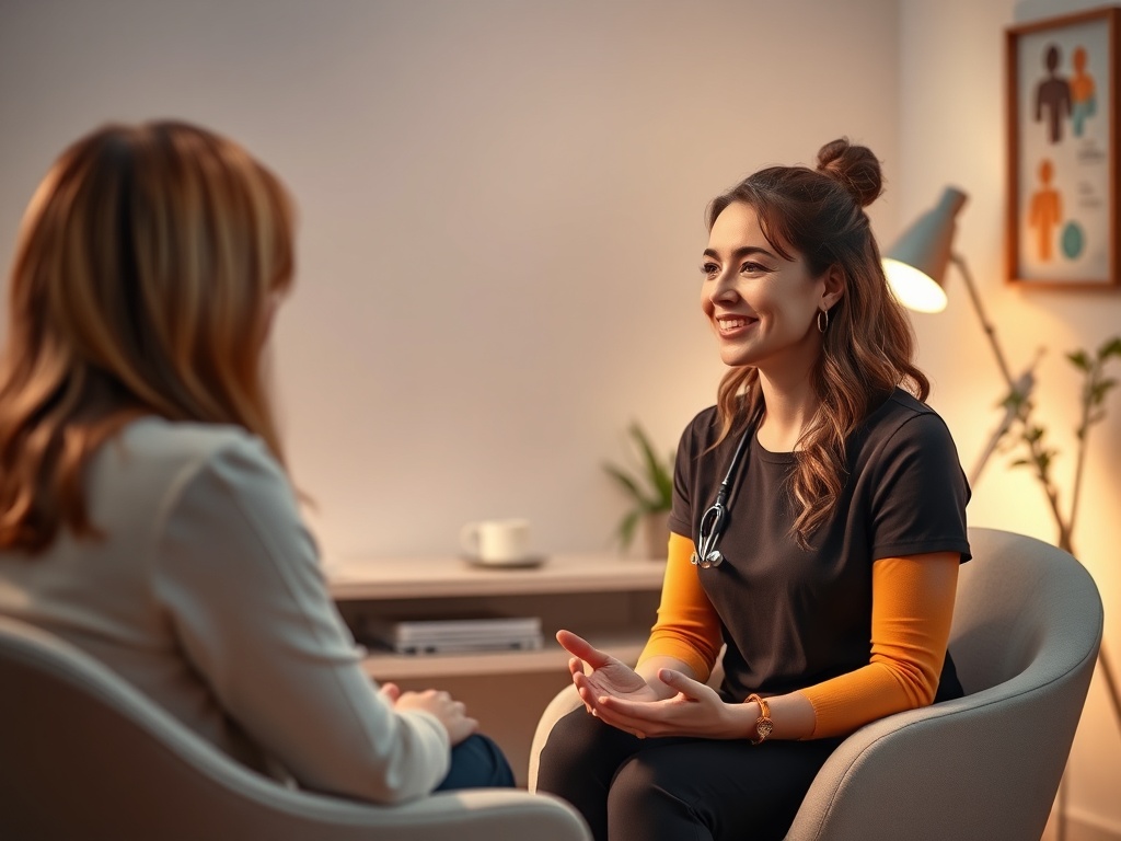 "A warm, inviting consult room scene with a calm woman healthcare coach speaking to a listener, soft lighting, serene colors, and subtle healthcare icons in the background."
