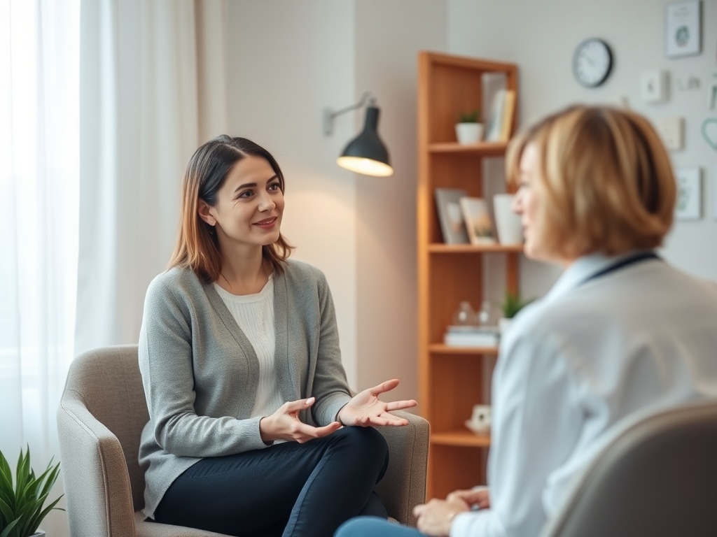 "A warm, inviting consult room scene with a calm woman healthcare coach speaking to a listener, soft lighting, serene colors, and subtle healthcare icons in the background."