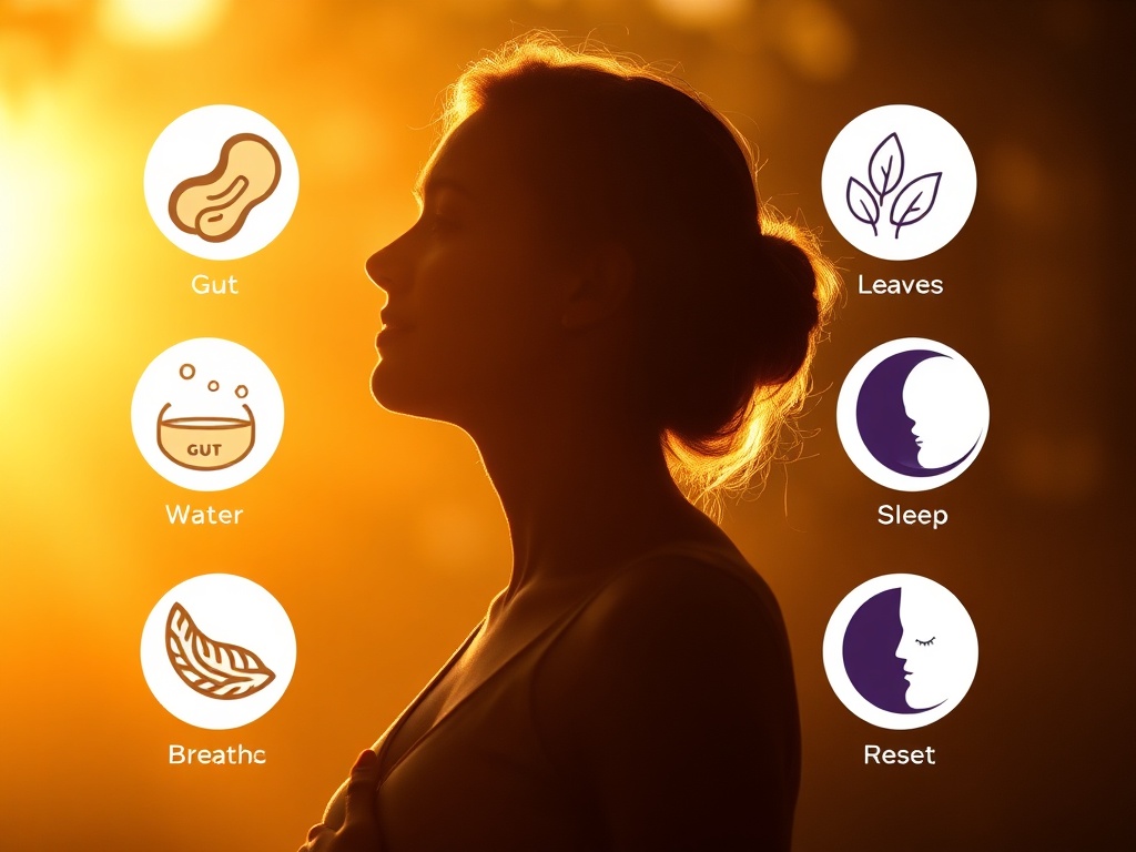 A serene woman silhouette in warm natural light, surrounded by gentle circular icons of gut, water, leaves, sleep moon and calm breath; holistic vitality reset.